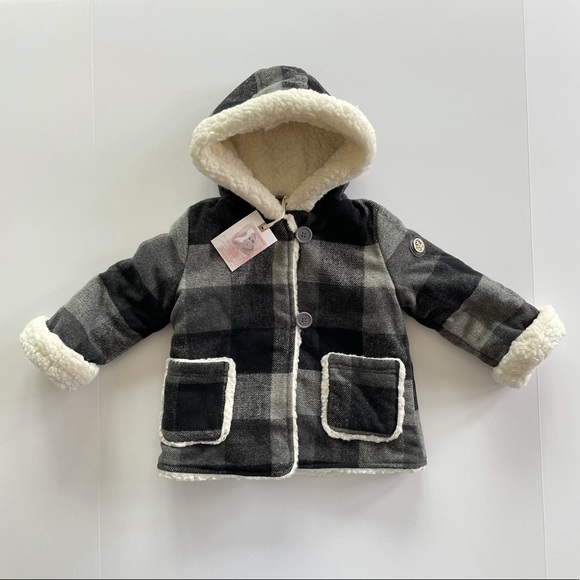 NWT Toddler Girls Sherpa Lined Black & White Plaid Coat